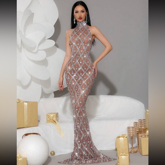 Modphy Luxury Glitter Crystal Rhinestone High Collar Mesh Bodycon Dress